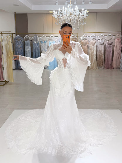 Corset Lace Wedding Dress with Bell Sleeves