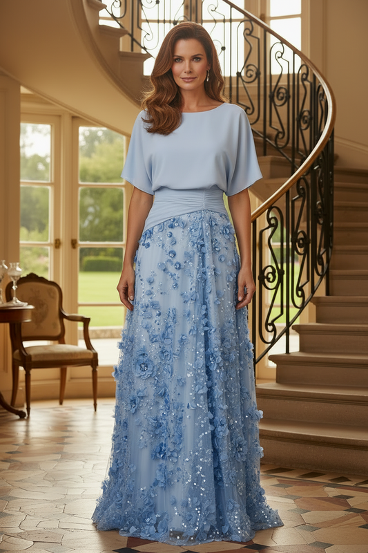 A-Line Chiffon Gown with 3D Floral Skirt