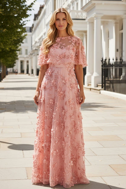 3D Floral Applique Gown with Illusion Cape Sleeves