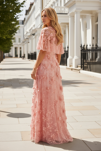 3D Floral Applique Gown with Illusion Cape Sleeves