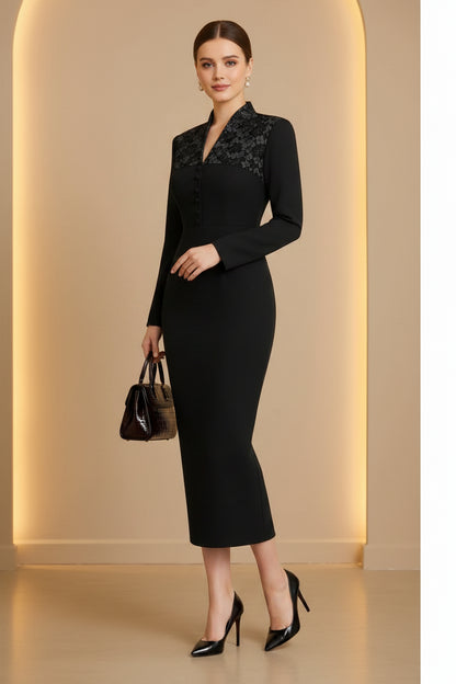 Lace-Yoke Long-Sleeve Column Dress