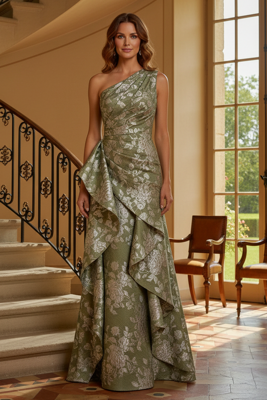 One-Shoulder Floral Jacquard Evening Gown