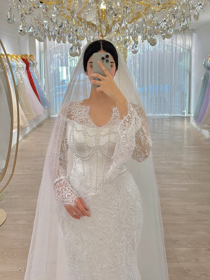 Illusion Lace Mermaid Wedding Dress with Pearl Corset