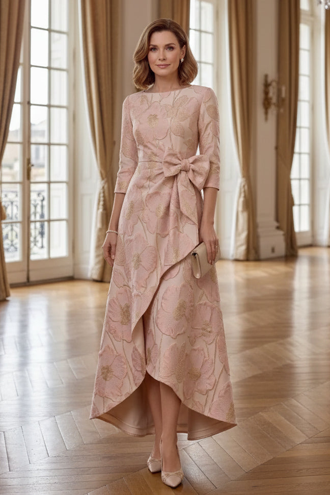 Floral Jacquard High-Low Dress with Bow Accent