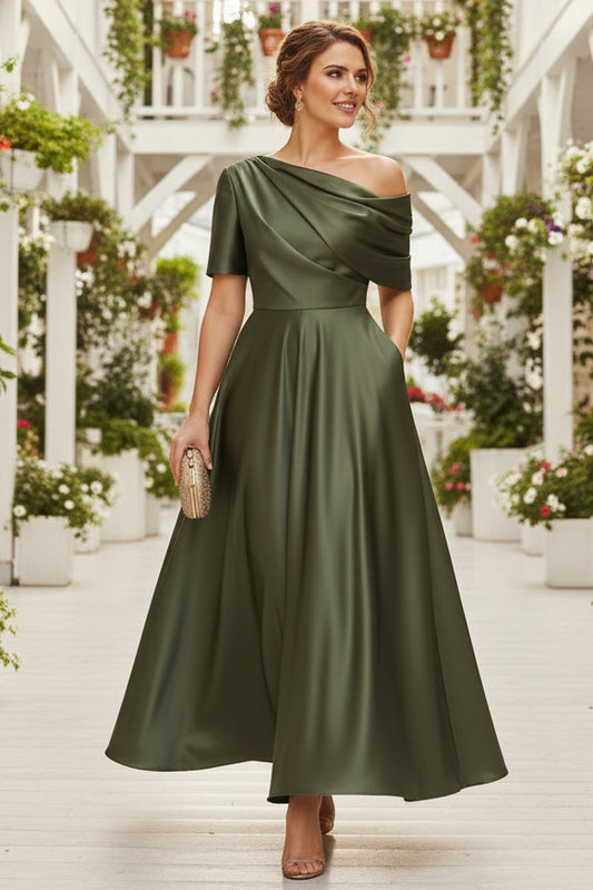 Elegant Olive Green Satin A-Line Mother of the Bride Dress with Cowl Neckline & Pockets