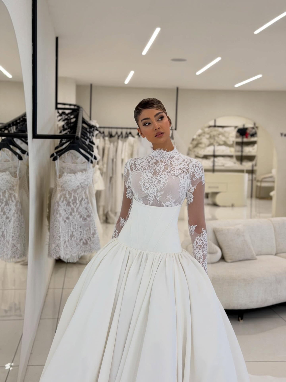 High Neck Lace Bodice Ball Gown Wedding Dress