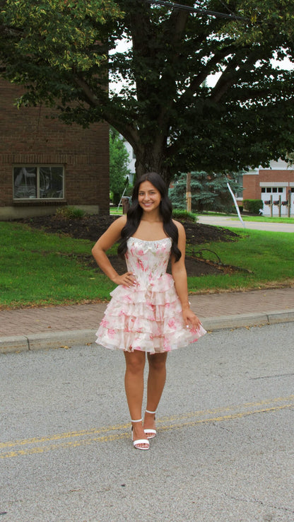 Floral Print Corset Mini Dress with Tiered Ruffle Skirt