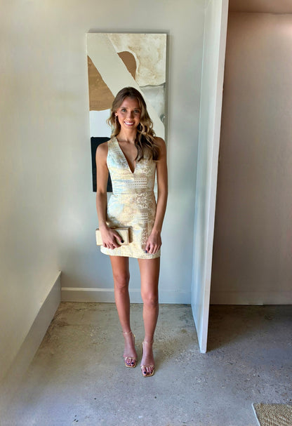 Metallic Jacquard Deep V-Neck Mini Dress