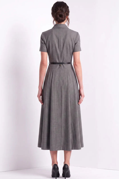 Pleated A-Line Midi Shirt Dress with Belt
