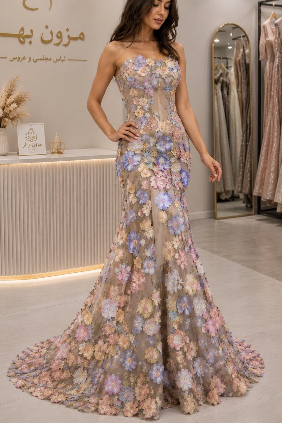 3D Floral Applique Mermaid Evening Gown