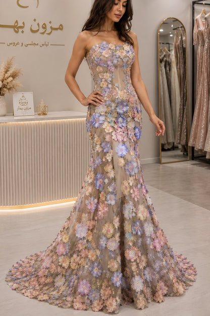 3D Floral Applique Mermaid Evening Gown