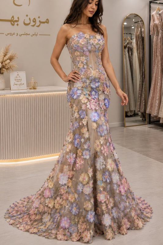 3D Floral Applique Mermaid Evening Gown