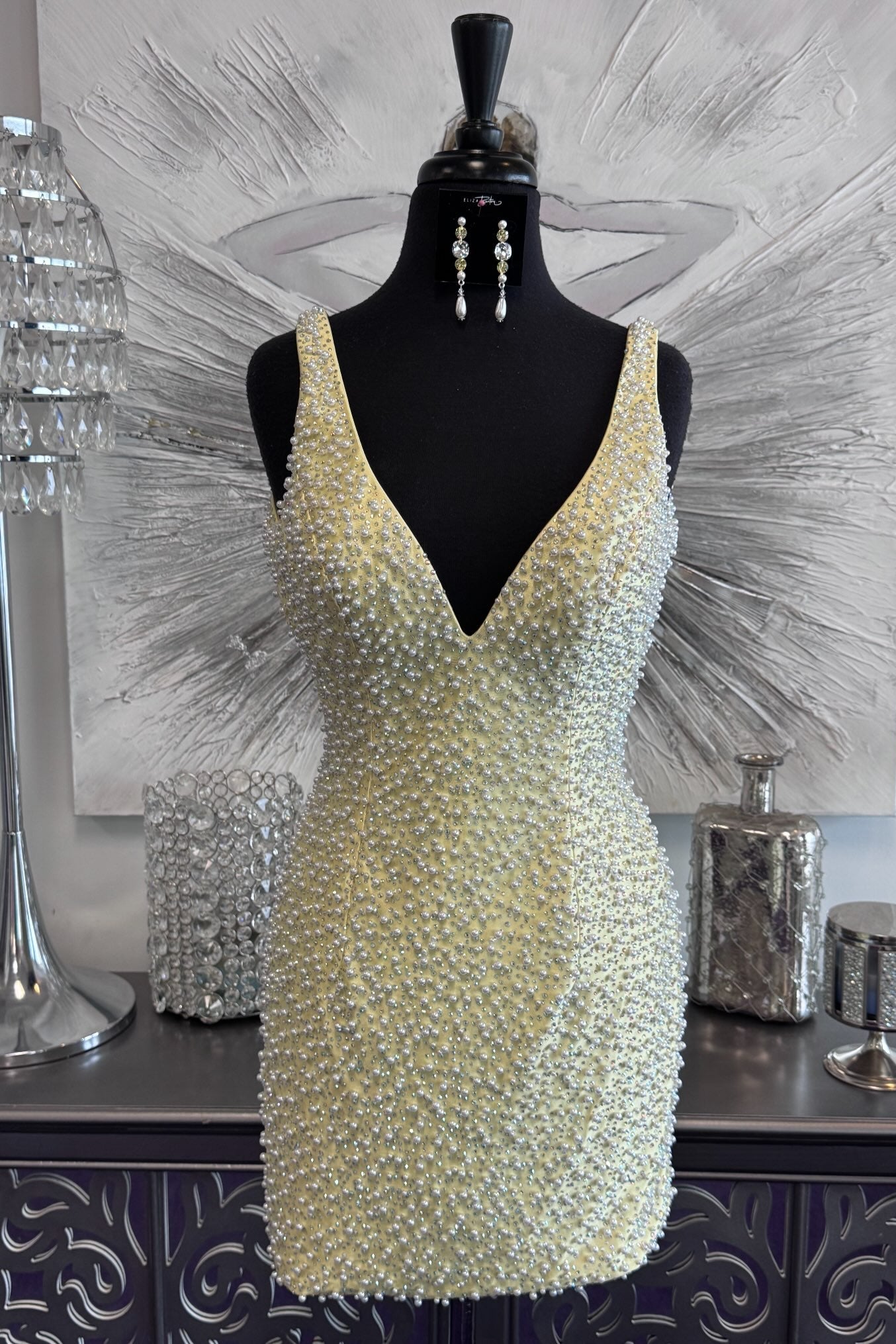 Deep V-Neck Pearl Beaded Bodycon Mini Dress