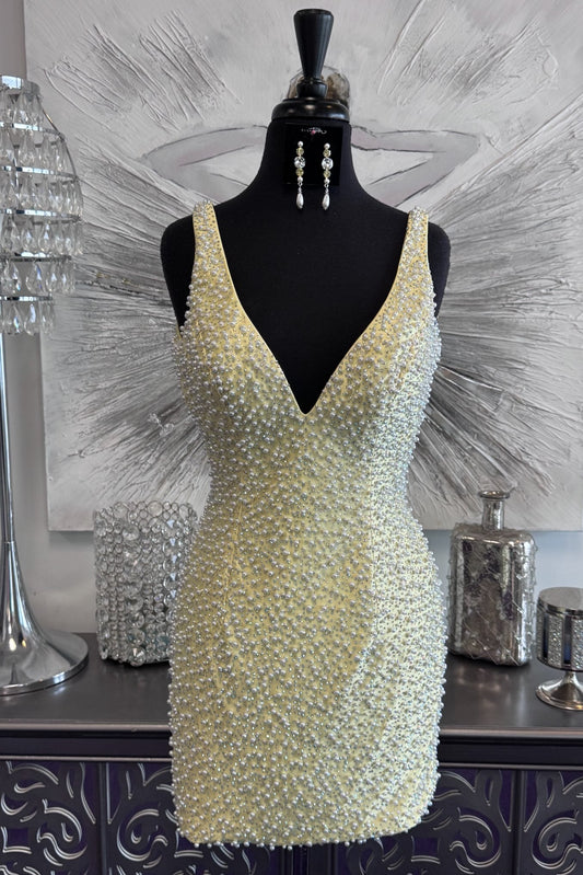 Deep V-Neck Pearl Beaded Bodycon Mini Dress