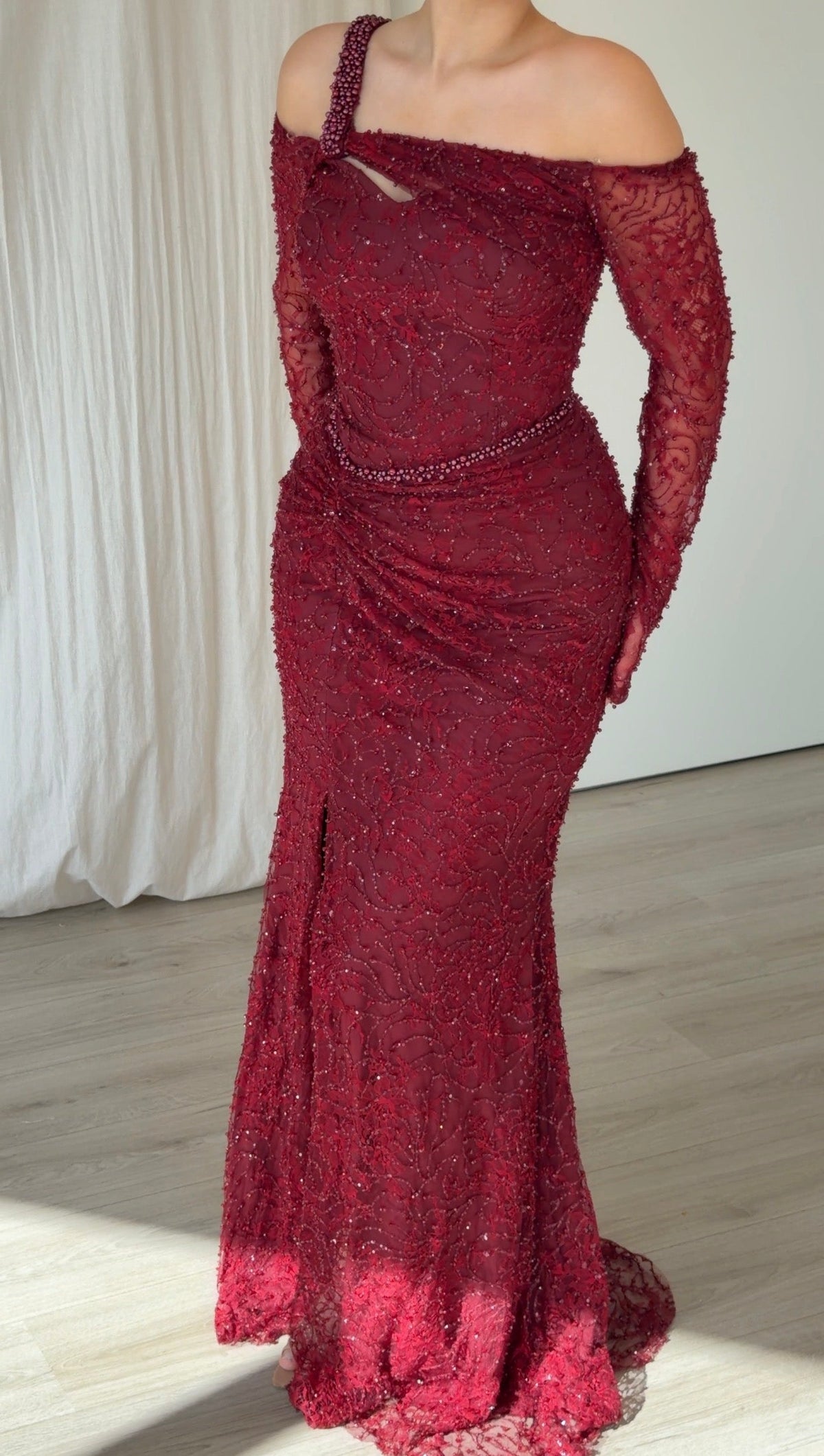 Pearl-Strap Lace Long Sleeve Evening Gown