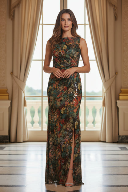 Floral Print Sequin Cowl Back Column Gown