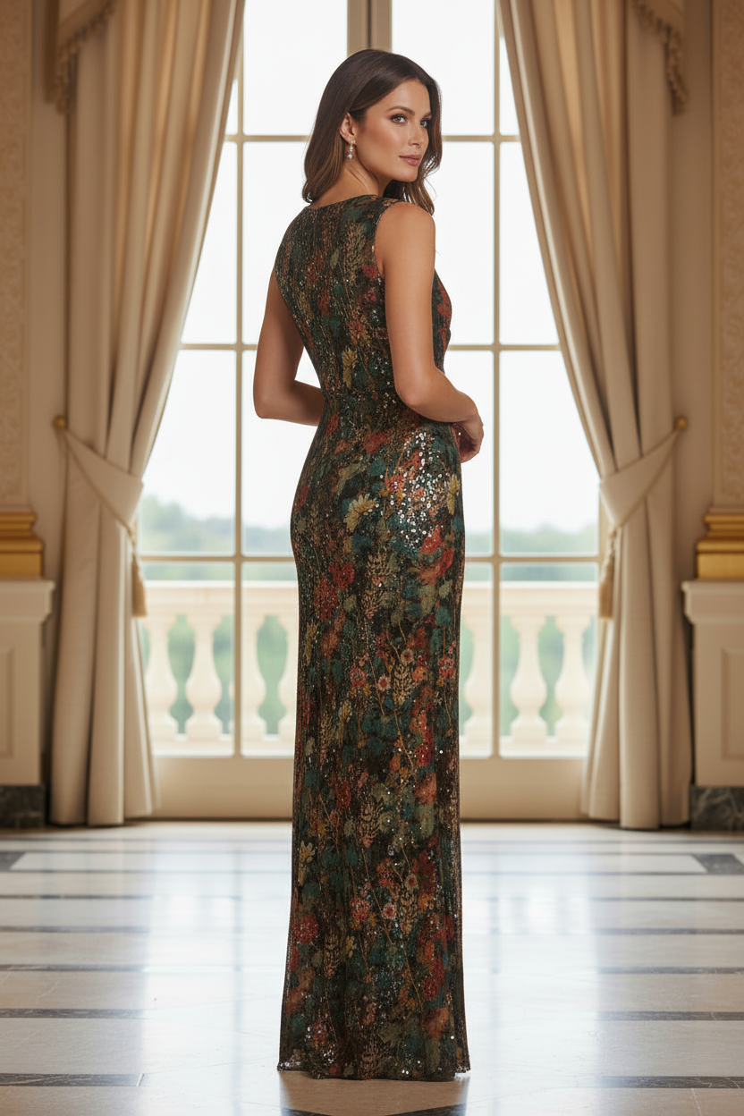 Floral Print Sequin Cowl Back Column Gown
