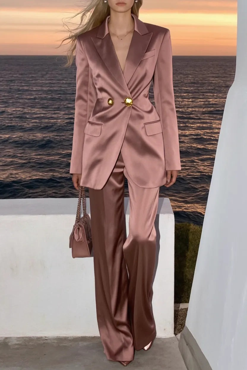 Satin Peak Lapel Blazer and Wide-Leg Pantsuit