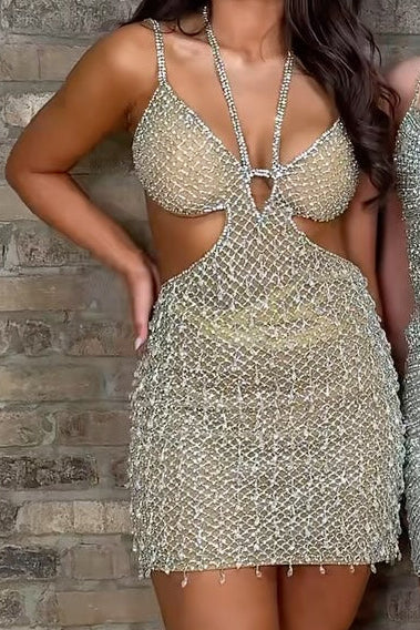 Cut-Out Beaded Halter Mini Dress