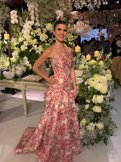 One-Shoulder Floral Brocade Evening Gown