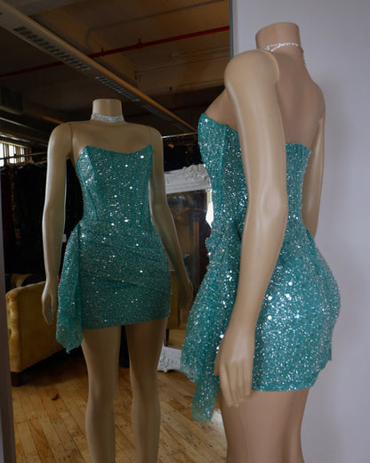 Strapless Corset Sequin Mini Dress with Asymmetrical Drape