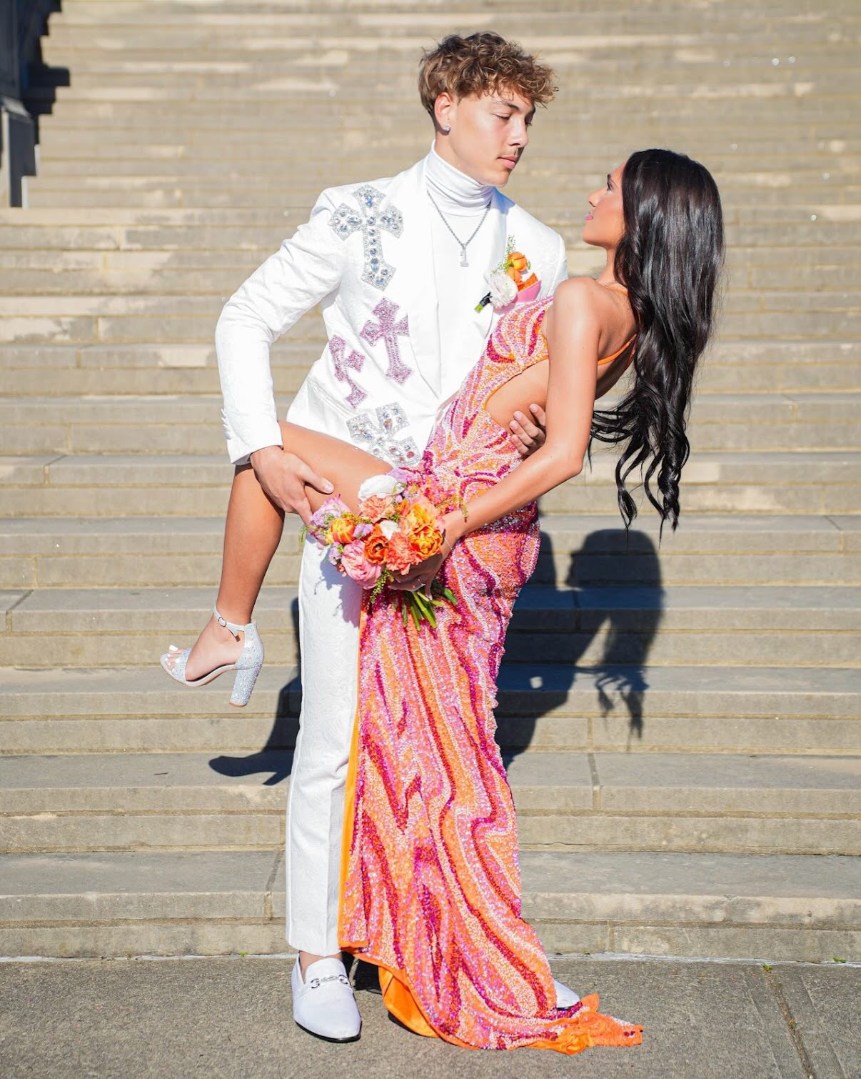 Patterned Sequin Open Back Formal Gown