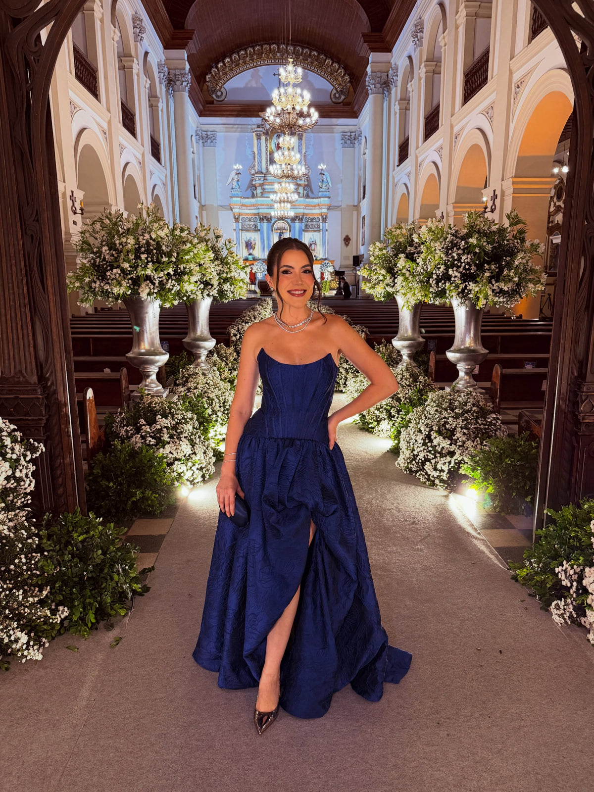 Strapless Corset Jacquard Ball Gown with Slit