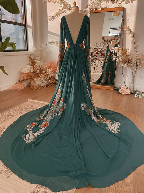 Boho Floral Embroidered V-Neck Chiffon Gown with Train
