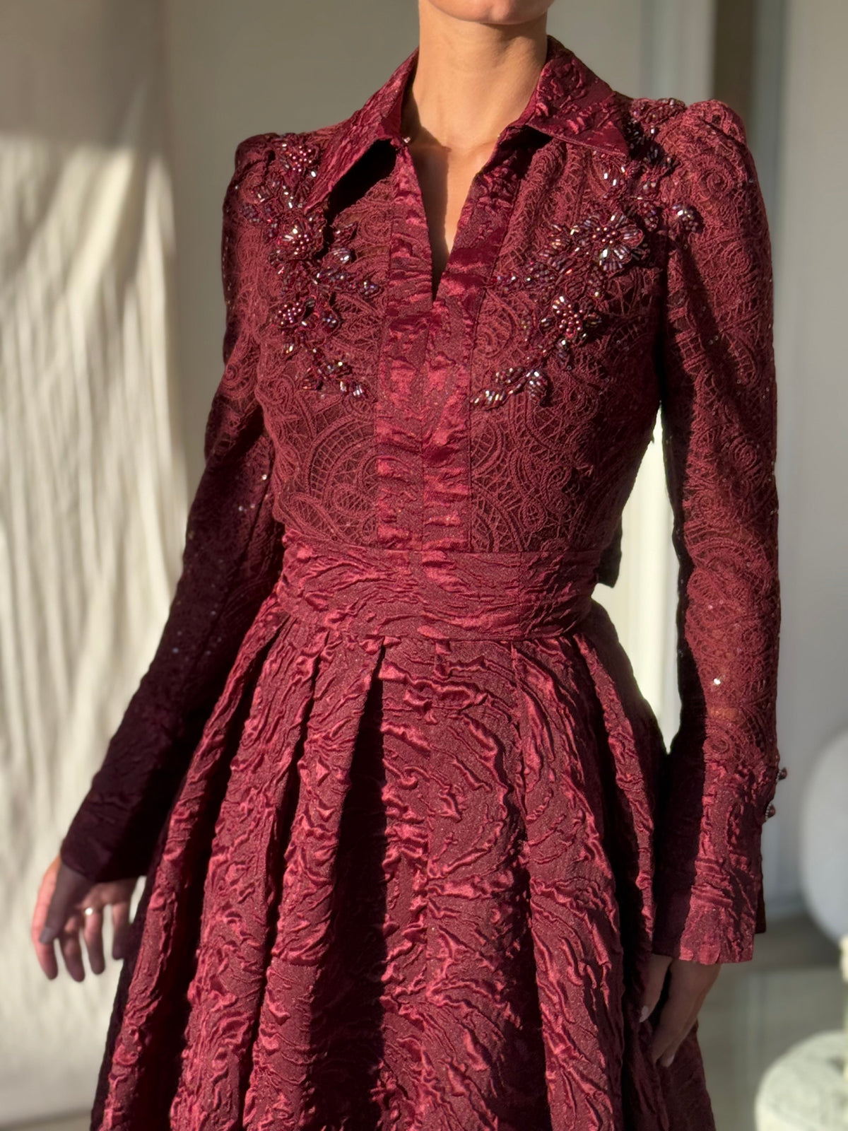 Collared Lace & Jacquard A-Line Evening Gown