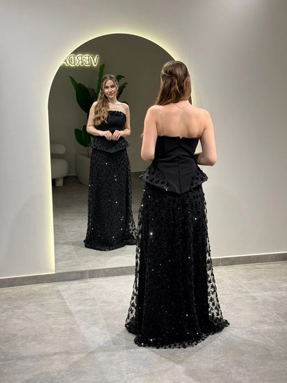 Strapless Peplum Sequin Evening Gown