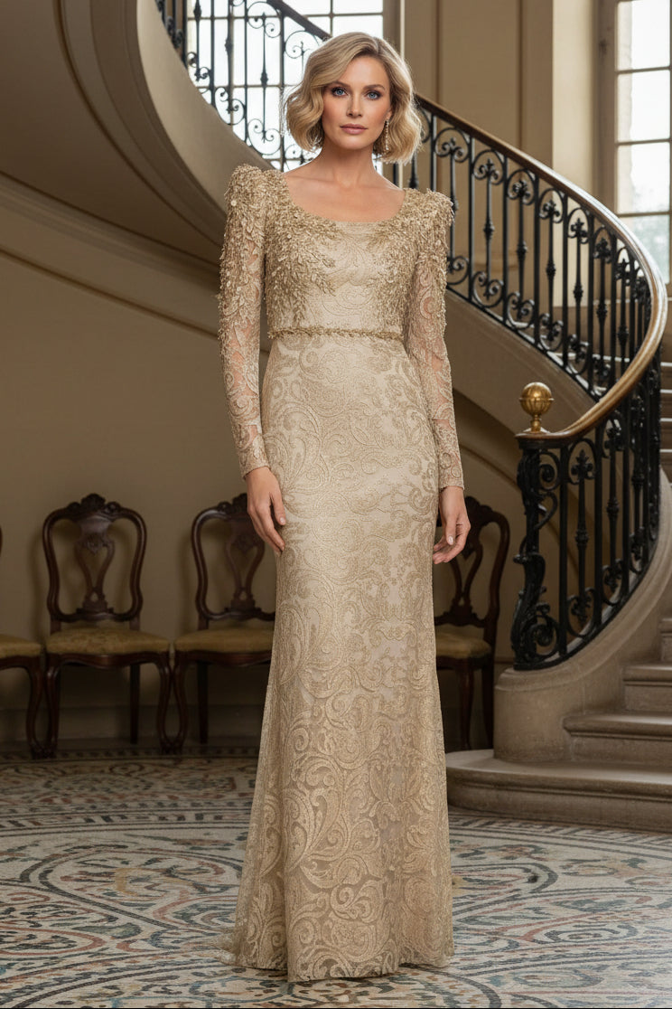 Elegant Long Sleeve Beaded Lace Evening Gown