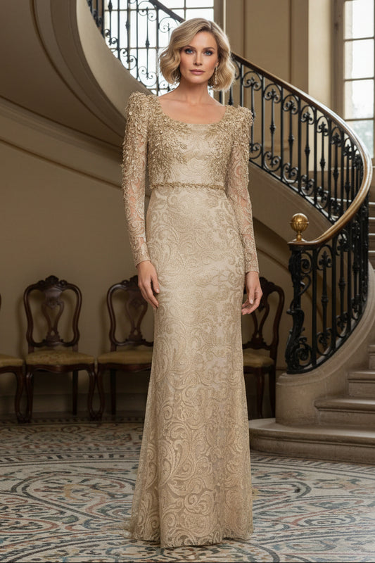 Elegant Long Sleeve Beaded Lace Evening Gown