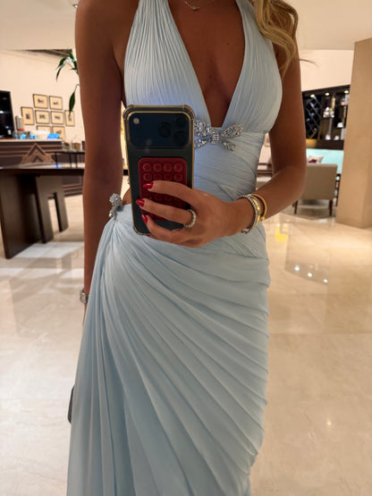Halter Cut-Out Draped Floor-Length Gown