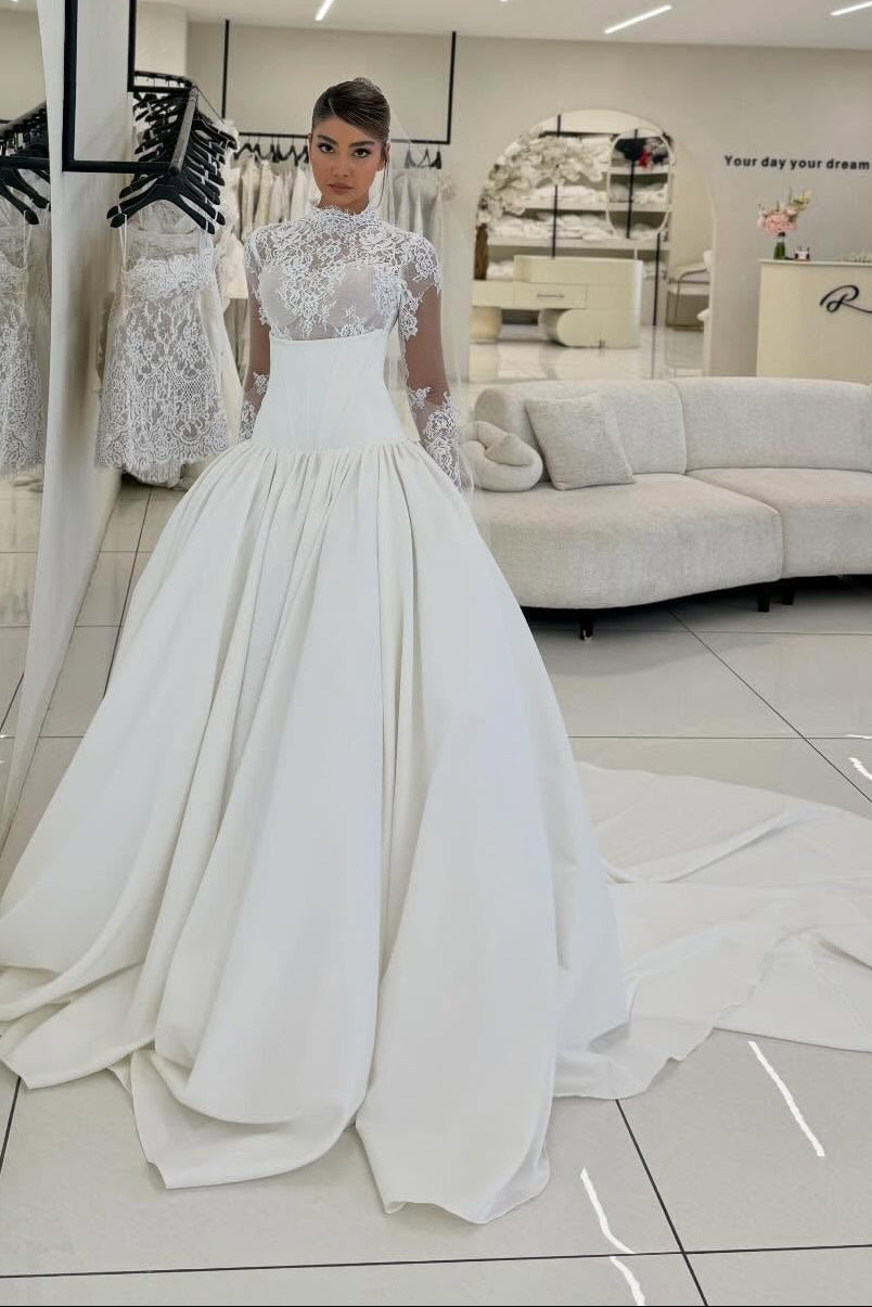 High Neck Lace Bodice Ball Gown Wedding Dress