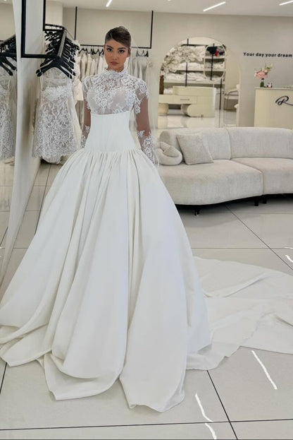 High Neck Lace Bodice Ball Gown Wedding Dress