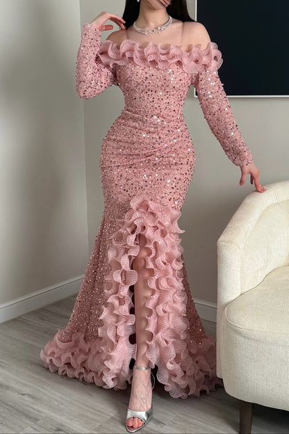 Sequin Off-the-Shoulder Gown with Ruffle Trim