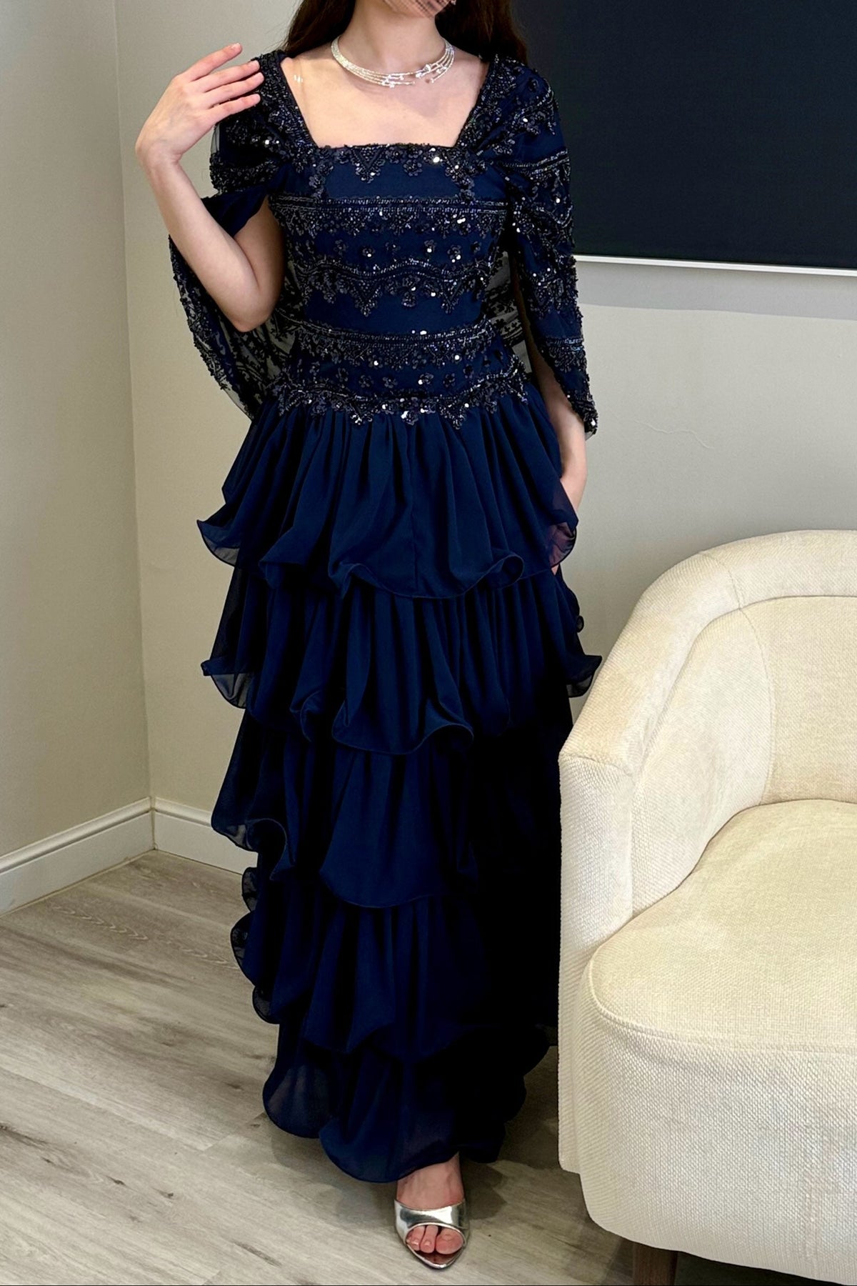 Tiered Ruffle Gown with Beaded Bodice Cape