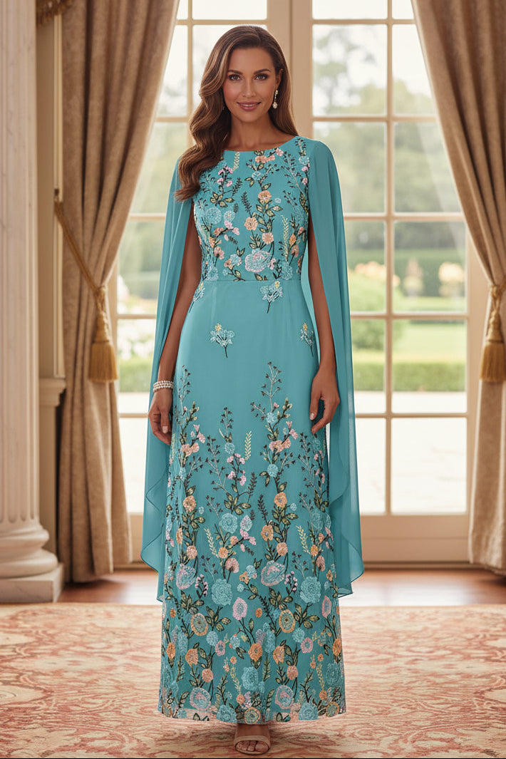 Floral Embroidered Cape-Sleeve A-Line Maxi Dress