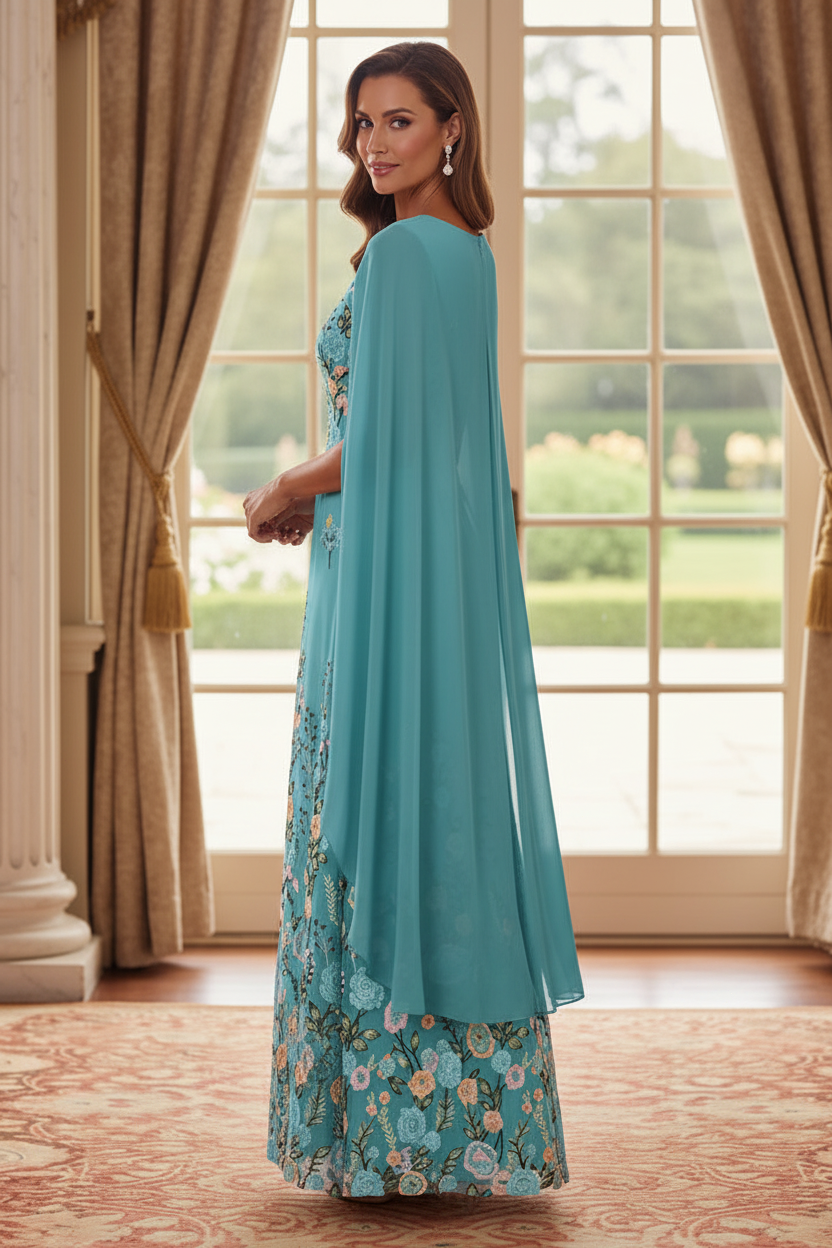 Floral Embroidered Cape-Sleeve A-Line Maxi Dress