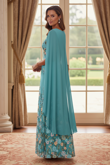 Floral Embroidered Cape-Sleeve A-Line Maxi Dress
