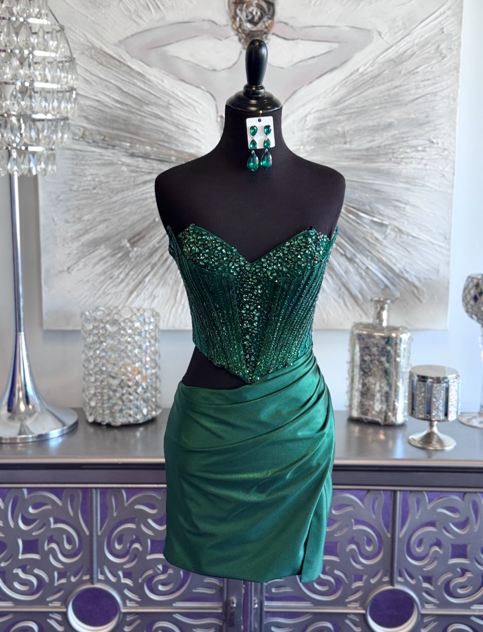 Corset Beaded Bodice Ruched Satin Mini Dress