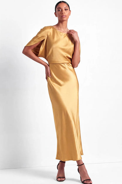 Cape-Sleeve Satin Column Maxi Dress