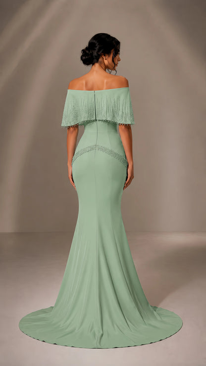 Off-Shoulder Fringe Cape Mermaid Evening Gown
