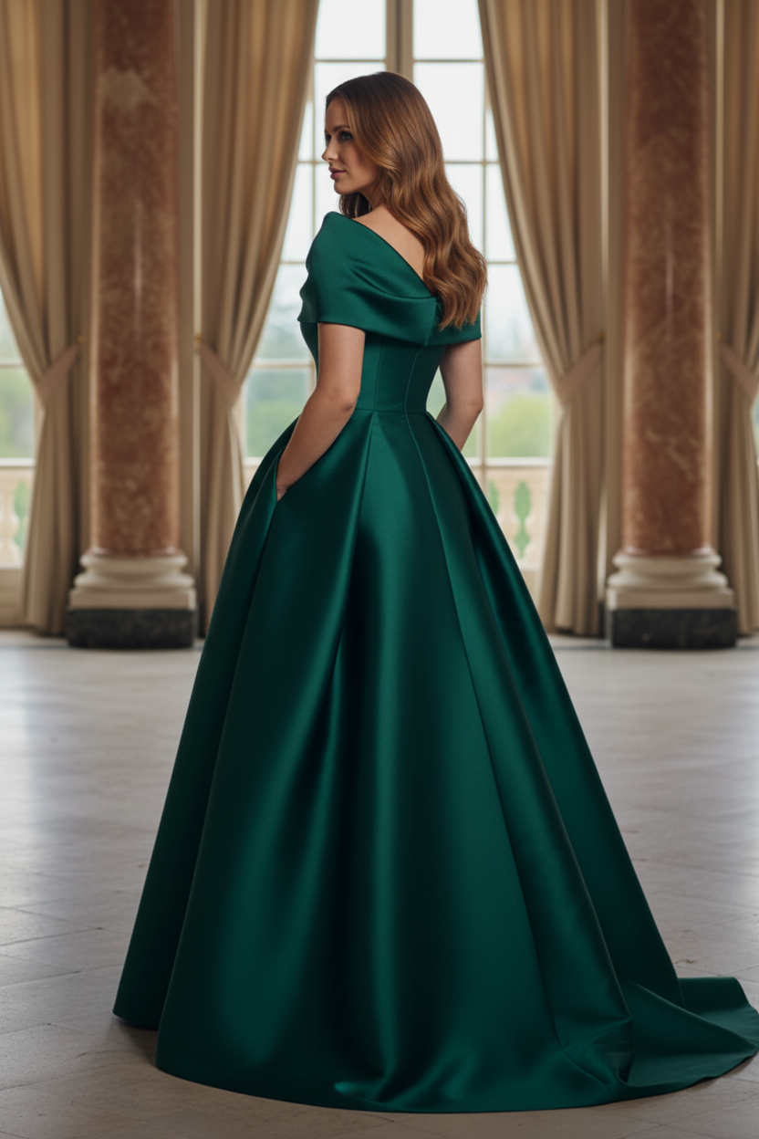 Foldover Neckline Satin Ball Gown with Pockets