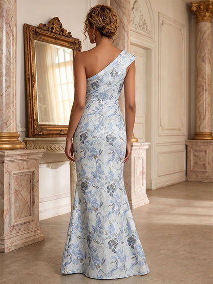 One-Shoulder Metallic Floral Jacquard Evening Gown