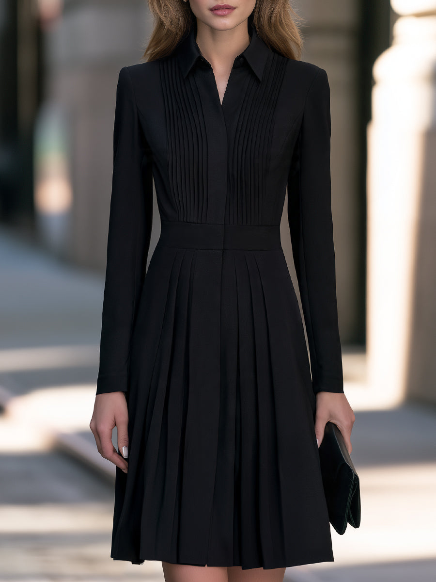 Pleated Pintuck Long Sleeve Shirt Dress