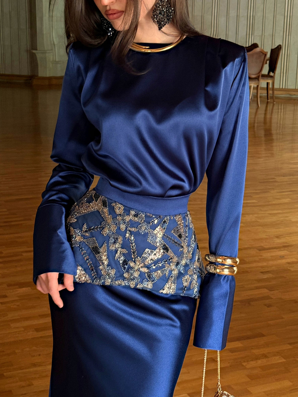 Long Sleeve Maxi Dress with Embellished Waist Detail