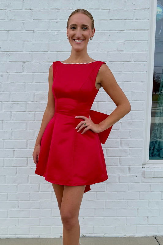 Satin A-Line Mini Dress with Pearls and Back Bow