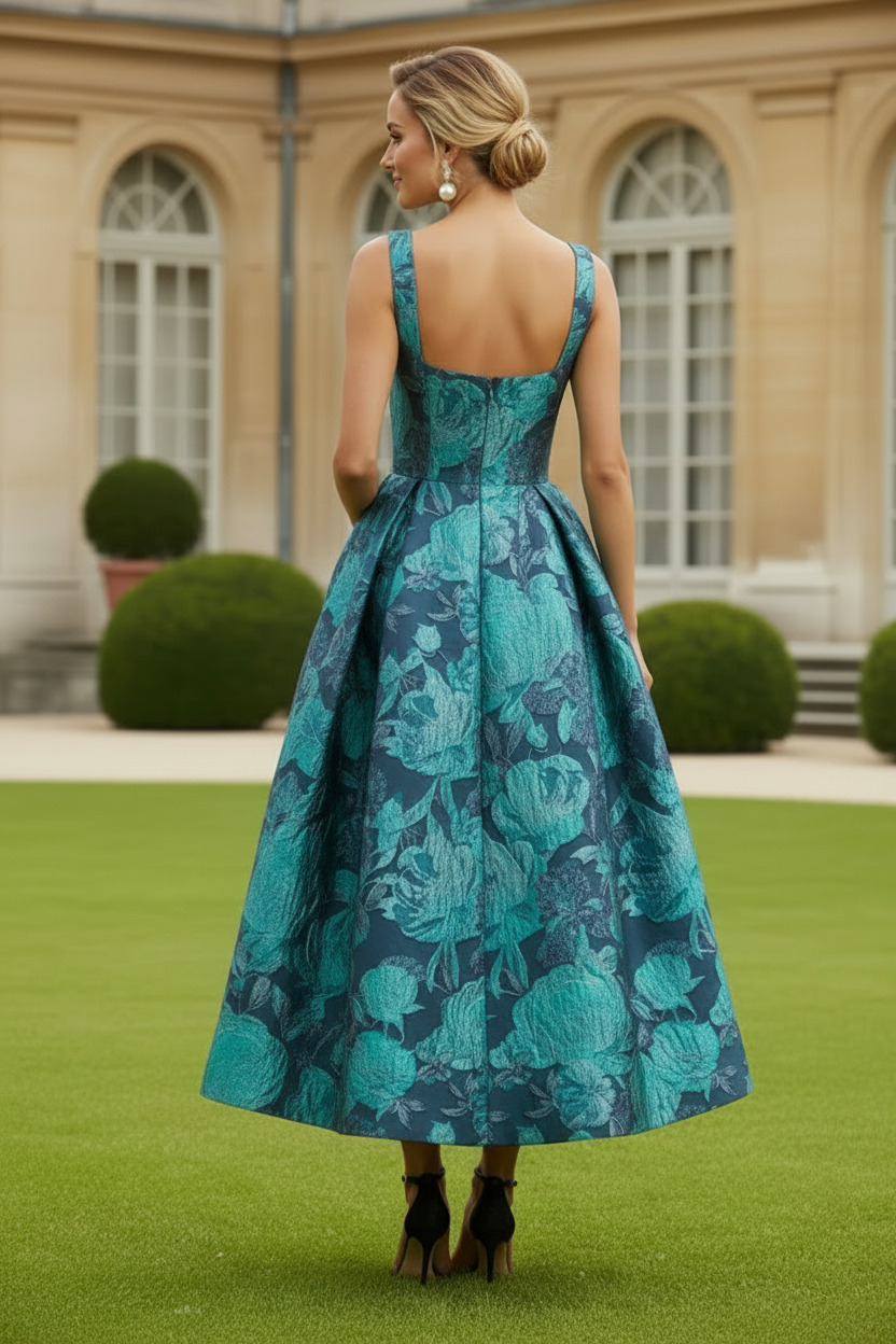 Floral Jacquard Square Neck Midi Dress with Pockets