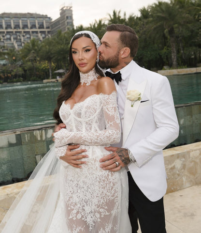 Lace Corset Ball Gown Wedding Dress with Long Sleeves